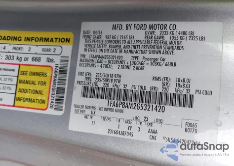 2016 Ford Mustang V6 from USA, damaged, VIN 1FA6P8AM2G5321420